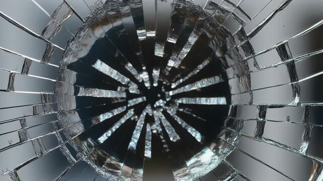 A broken glass with sharp shards radiating outward in a circular pattern