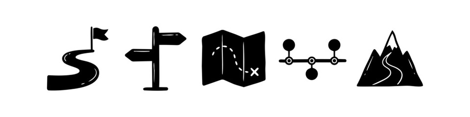 Set of hand-drawn black navigation and travel icons including a winding road, signpost, map, timeline, and mountains, symbolizing a journey, goal, or strategic roadmap on a white background. © Nort Kor