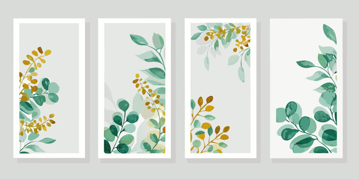 Four botanical art prints featuring eucalyptus and leafy branches