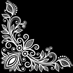 Intricate floral corner design in black and white with swirling elements © Roni