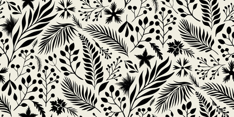 Detailed black and white botanical illustration with repeating floral and leaf motifs © Roni