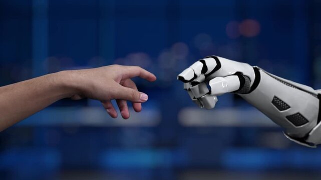 A human hand and a robotic hand reach toward each other in a digital space, illustrating the collaboration between artificial intelligence and human thought processes. Synapse