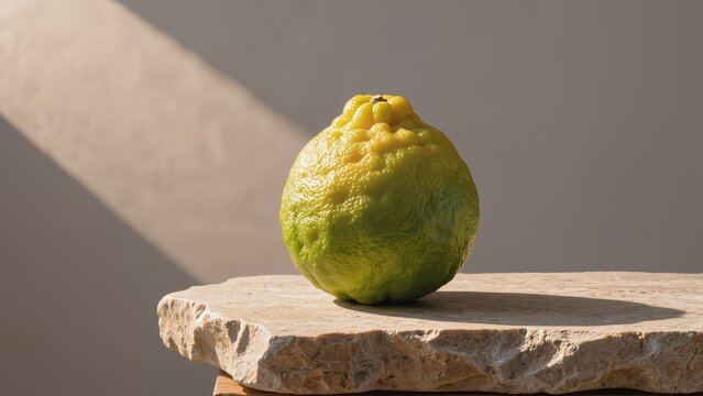 Vibrant bergamot citrus fruit on a rustic stone pedestal, bathed in natural sunlight, highlighting its unique texture and fresh, aromatic appeal