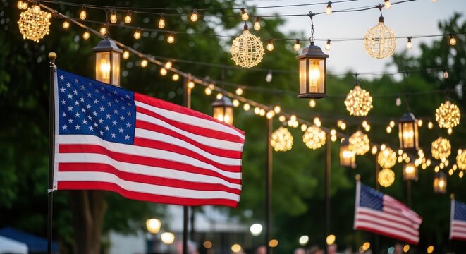 American flags waving under string lights on a festive outdoor setting