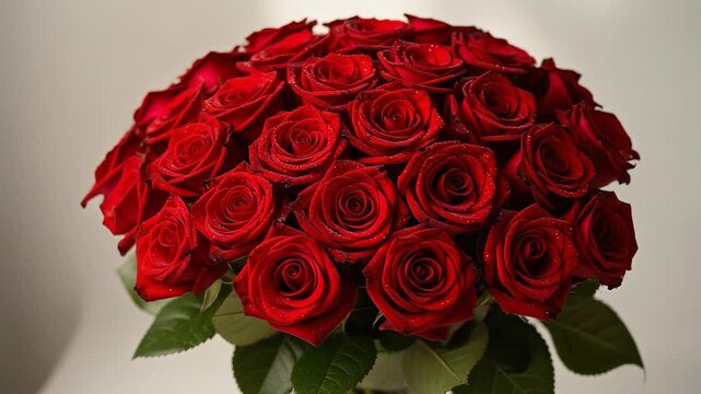 Serene video of a vibrant bouquet of red roses with velvety petals in natural light