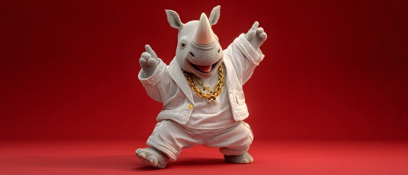 Stylish anthropomorphic rhino wearing white outfit and heavy gold chains.
