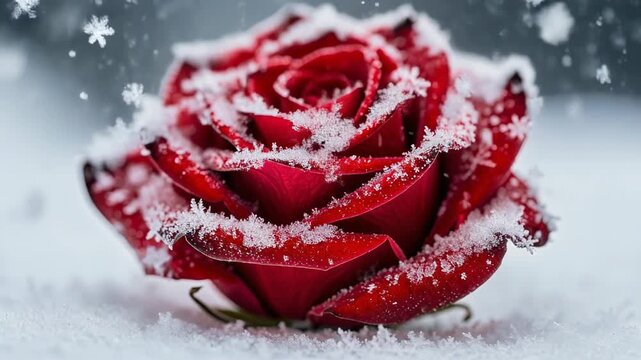 Serene video of vibrant red rose covered in delicate snowflakes capturing peaceful winter beauty