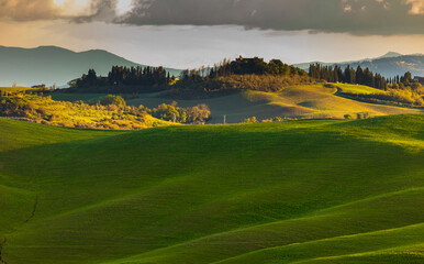 Naklejka premium Tuscan rolling hills receiving golden light in Asciano, Tuscany, Italy.