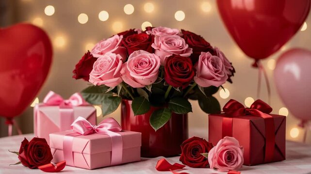 Romantic video scene with a beautifully arranged bouquet of red and pink roses for love and celebration