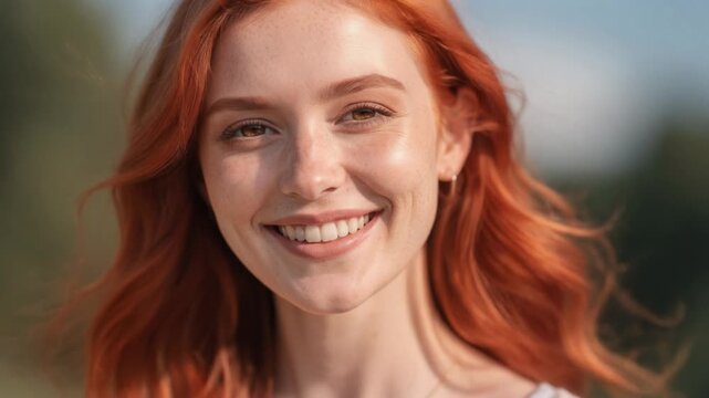Joyful young woman with flowing red hair in a serene outdoor setting capturing happiness and freedom