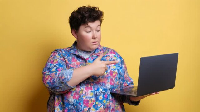 Confused woman with laptop points to the side with a questioning expression on yellow background