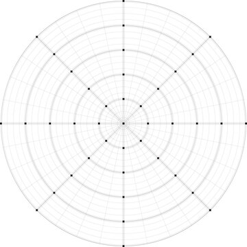 Black line radial dense grid texture with cells and squares on white background. FUI science round grid backdrop. Math or technological notebook blank circular sheet.