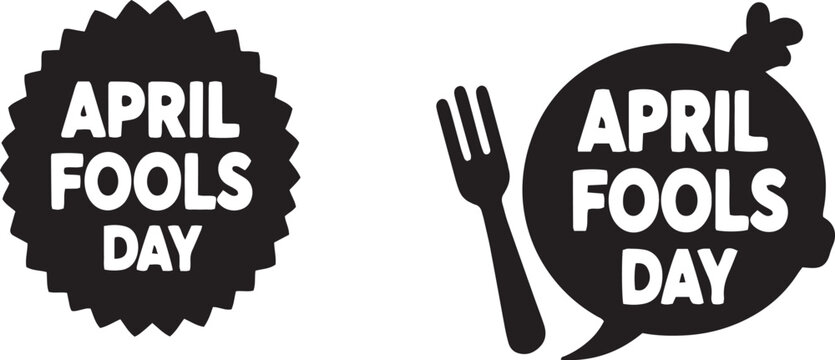 April fools day badge and food prank icons vector set, simple black silhouette 