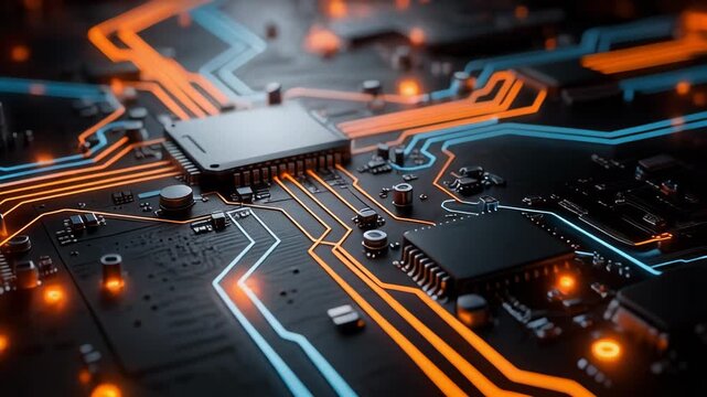 Mesmerizing video of glowing vibrant pathways on a motherboard showcasing digital technology and futuristic circuit design