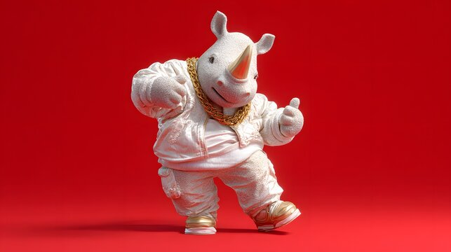 Stylish anthropomorphic rhino wearing white outfit and heavy gold chains.