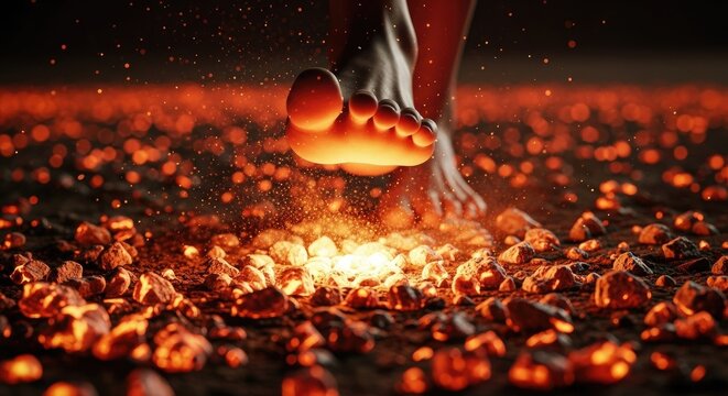 Foot stepping on hot coals visual representing courage strength adversity challenge