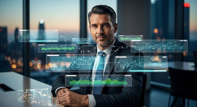 Confident businessman in office with futuristic data visualization