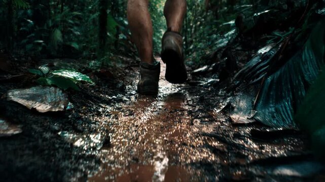 Close-up of hiking boots stepping through muddy jungle trail after rain