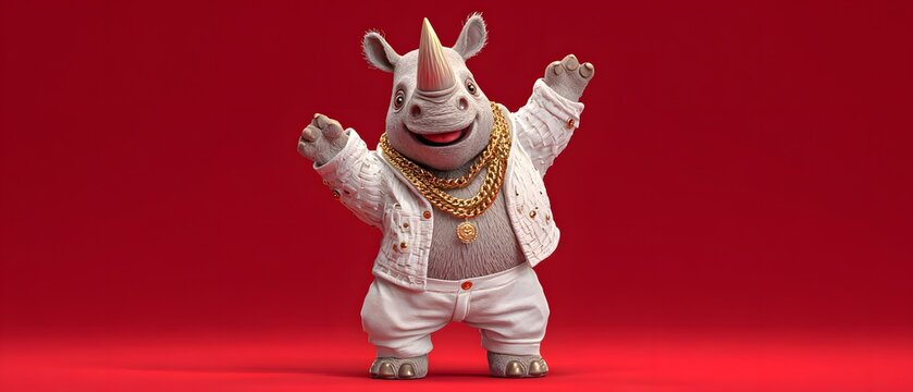 Stylish anthropomorphic rhino wearing white outfit and heavy gold chains.