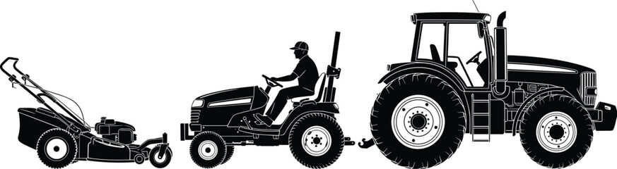 Farm tractor towing lawn mower and agricultural equipment silhouettes, farming machinery and rural landscaping tools for agriculture work vector illustration © MstSalema