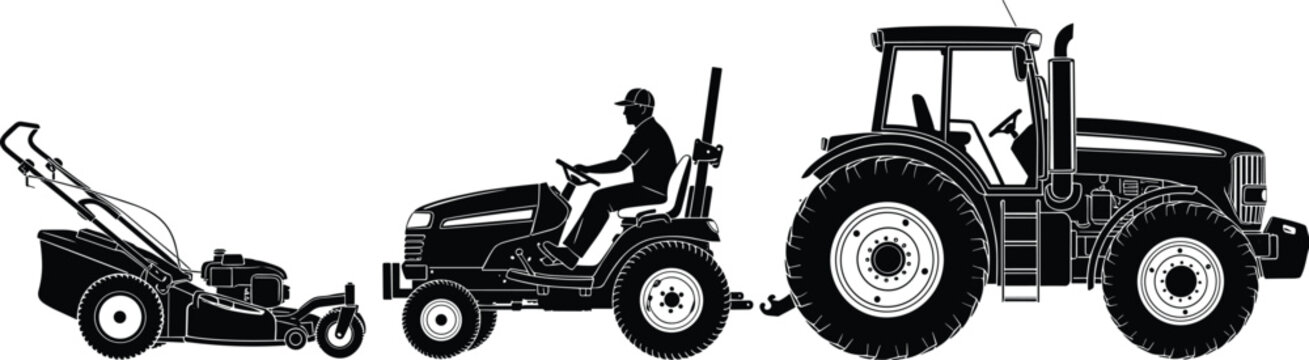 Farm tractor towing lawn mower and agricultural equipment silhouettes, farming machinery and rural landscaping tools for agriculture work vector illustration