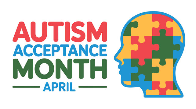 Autism acceptance month April awareness colorful puzzle piece head logo