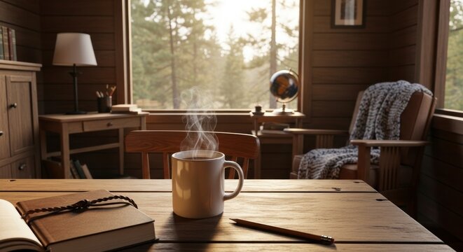 Cozy interior scene with coffee cup and window view in warm sunlight