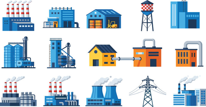 Industrial factory and power plant icons set, manufacturing buildings, energy facilities, warehouses, smokestacks and infrastructure elements, modern flat vector illustration collection