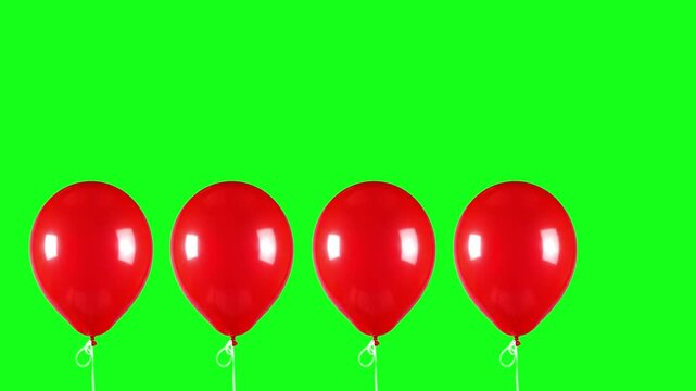 A 3D rendered scene featuring glossy red balloons arranged in a row on a chroma key green background. This isolated graphic is suitable for minimalist party designs, sale announcements, and cele