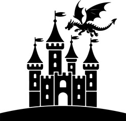 Obraz premium Fantasy Castle Silhouette with Flying Dragon for Mythical Branding