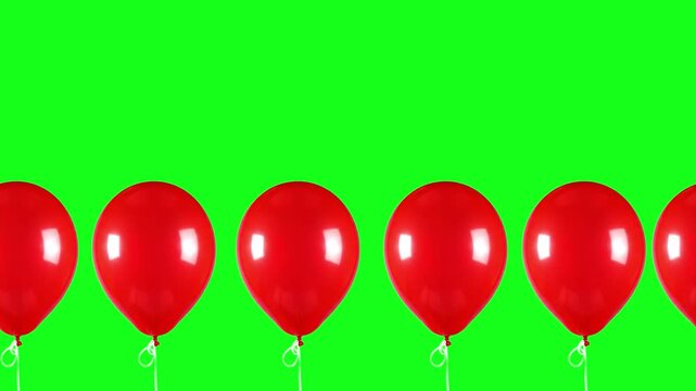 A 3D rendered scene featuring glossy red balloons arranged in a row on a chroma key green background. This isolated graphic is suitable for minimalist party designs, sale announcements, and cele