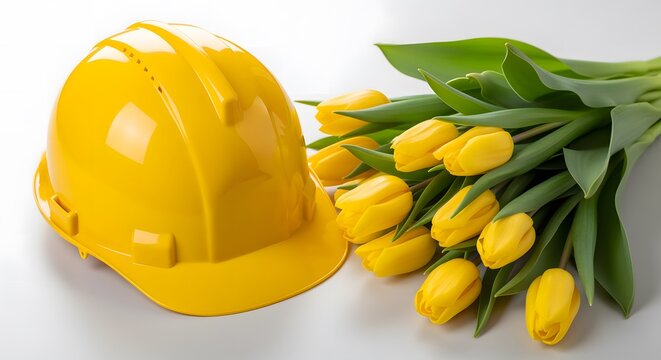 Yellow hard hat and a bouquet of yellow tulips side by side against a clean white background, symbolizing safety and appreciation