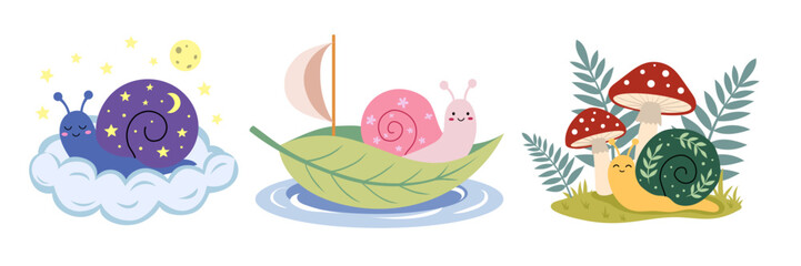 Set of illustrations of cute snails in a simple childish style in different colors. Sleeping snail on a cloud, on a leaf, among mushrooms. Isolated compositions with a whimsical and cozy mood © Tetianka