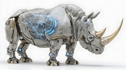Fototapeta premium Futuristic robotic rhinoceros cyborg with advanced mechanical parts and lights.