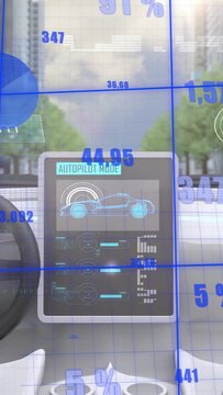 Center screen updating autopilot telemetry on autopilot, showing HUD numbers, pie chart, sun glare
