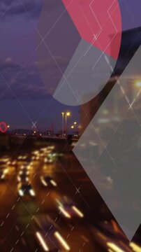 Vertical video: Blurred lights moving, traffic data feed driving pie, bar, grid masking for insight