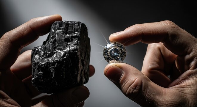 Hands comparing coal and diamond showing transformation concept with copy space