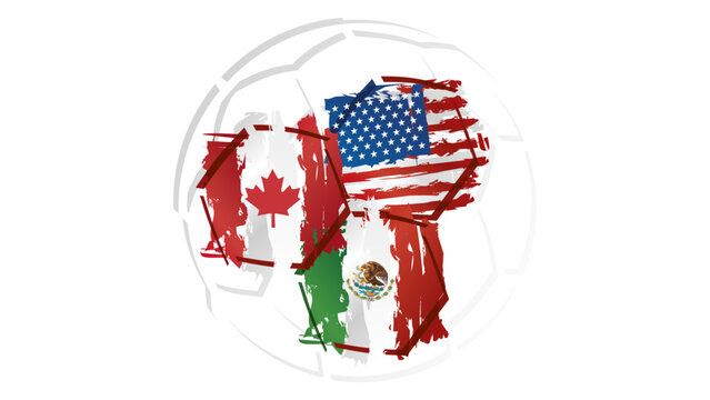 Abstract soccer ball sport icon label banner with Canada USA Mexico national flag ribbon on white background
