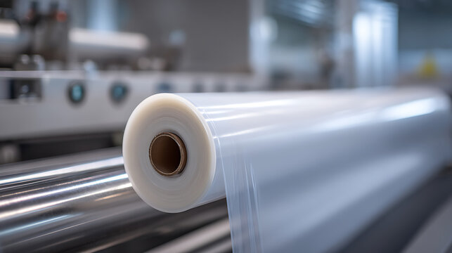 Industrial transparent film roll on conveyor at production plant. Modern plastic packaging material for manufacturing process automation