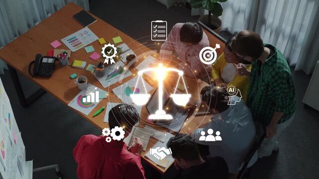 A diverse team collaborates in a modern office, surrounded by digital icons symbolizing balance and innovation, highlighting effective teamwork during strategic planning. Raster