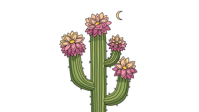 Tall green cactus with blooming pink and yellow flowers stands under a crescent moon in a quiet desert landscape at night time.