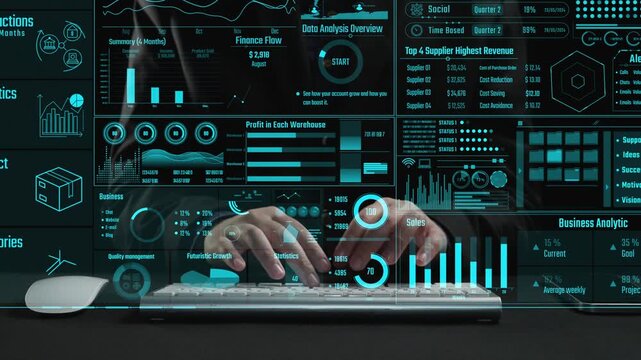 A digital dashboard showcasing business data analytics with hands typing on a keyboard, featuring financial metrics, visual charts, and performance insights for informed decision-making. Cipher