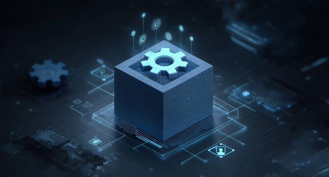 a blue cube with gears on it is floating in the air, surrounded by digital lines and data points, symbolizing ai technology.