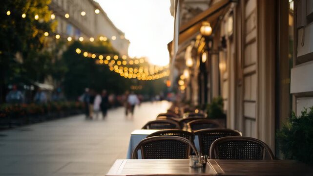 Cozy sidewalk cafe with glowing lights in historic city center at sunset Sidewalk cafe scene in a historic city center, rows of empty outdoor tables and chairs beside elegant build 