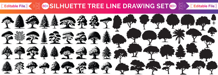silhouette tree line drawing set, Side view, set of graphics trees elements outline symbol for architecture and landscape design drawing. Vector illustration in stroke fill in white. Tropical © Ragena
