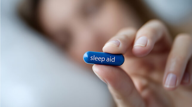 Close up of a person's hand holding a blue capsule to help with slumber, representing medicine, insomnia treatment, and well-being