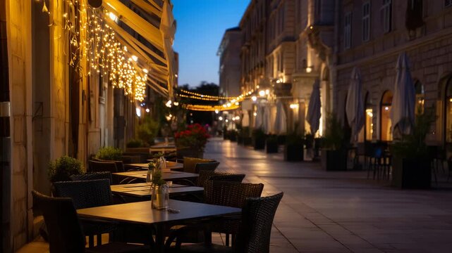 Cozy sidewalk cafe with glowing lights in historic city center at sunset Sidewalk cafe scene in a historic city center, rows of empty outdoor tables and chairs beside elegant build