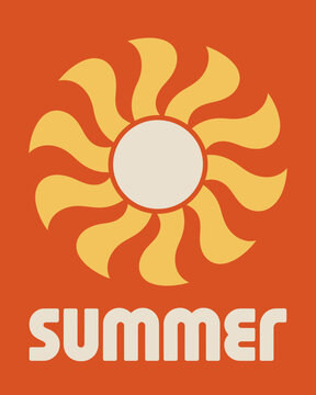 Vibrant orange summer sun graphic with white text and yellow rays