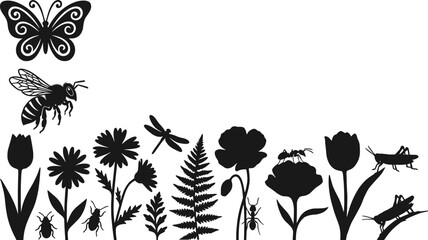 Garden insect silhouettes, biodiversity illustration icons, butterfly bee dragonfly figures, ant beetle grasshopper design, floral ecosystem graphic, nature interaction set, plant insect outline © Robbani
