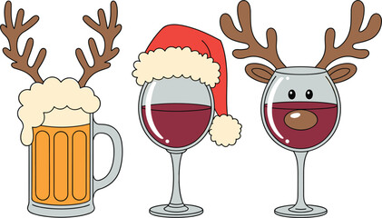 Christmas alcohol vector set, cartoon beer and wine glasses with santa hat and reindeer antlers © MstRimu